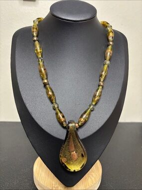 Vintage Dichroic Olive & Gold Teardrop Glass Pendant Necklace